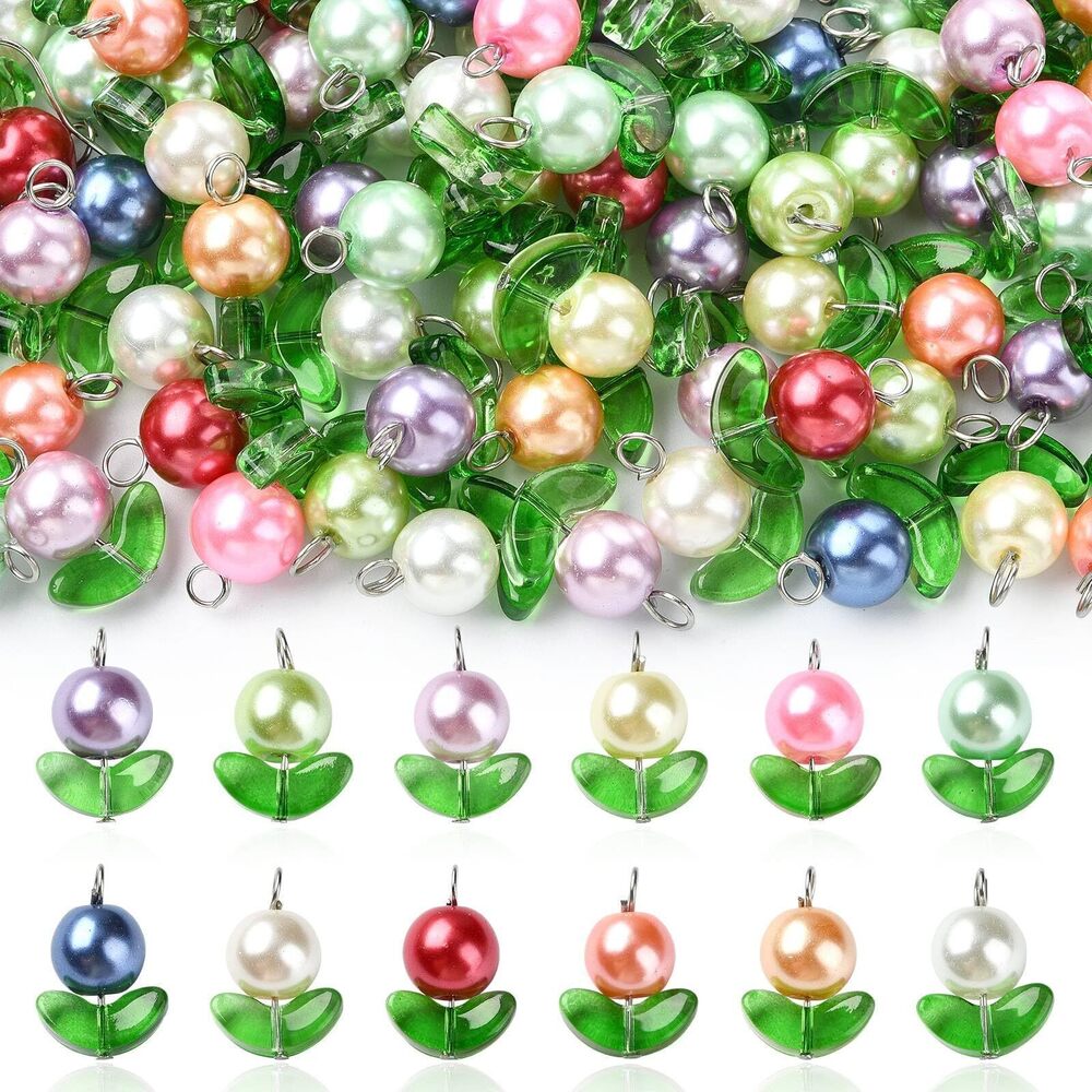 9701 120 Pcs 12 Colors Glass Flower Charms Pendants with Green Leaf